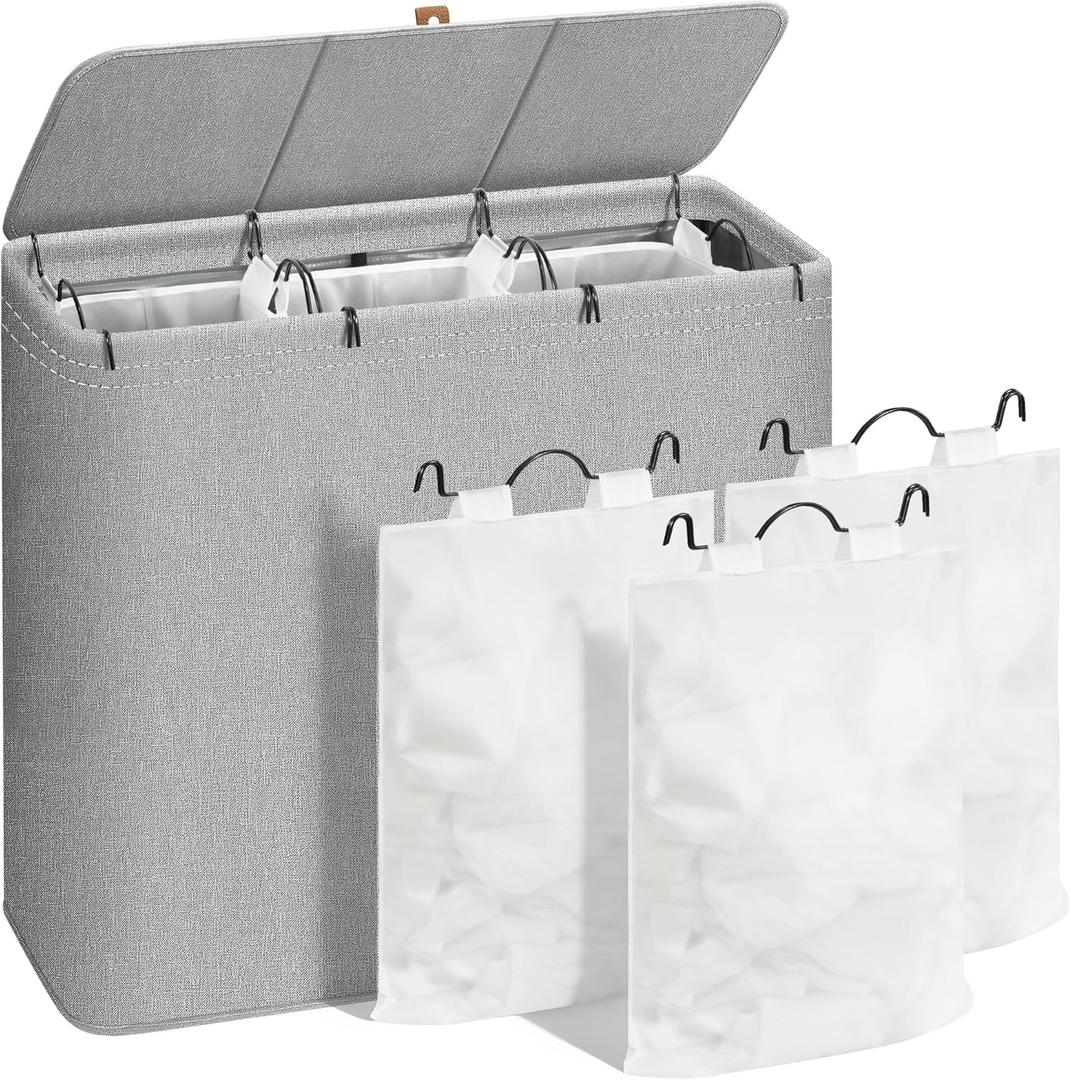 STORAGE MANIAC Triple Laundry Hamper with Lid, 180L Tall Metal Frame Laundry Baskets with Removeable Bag, Large Clothes Hamper with PU Tag, Laundry Bin for Dorm, Collage, Bathroom, Bedroom, Gray (3 Section)