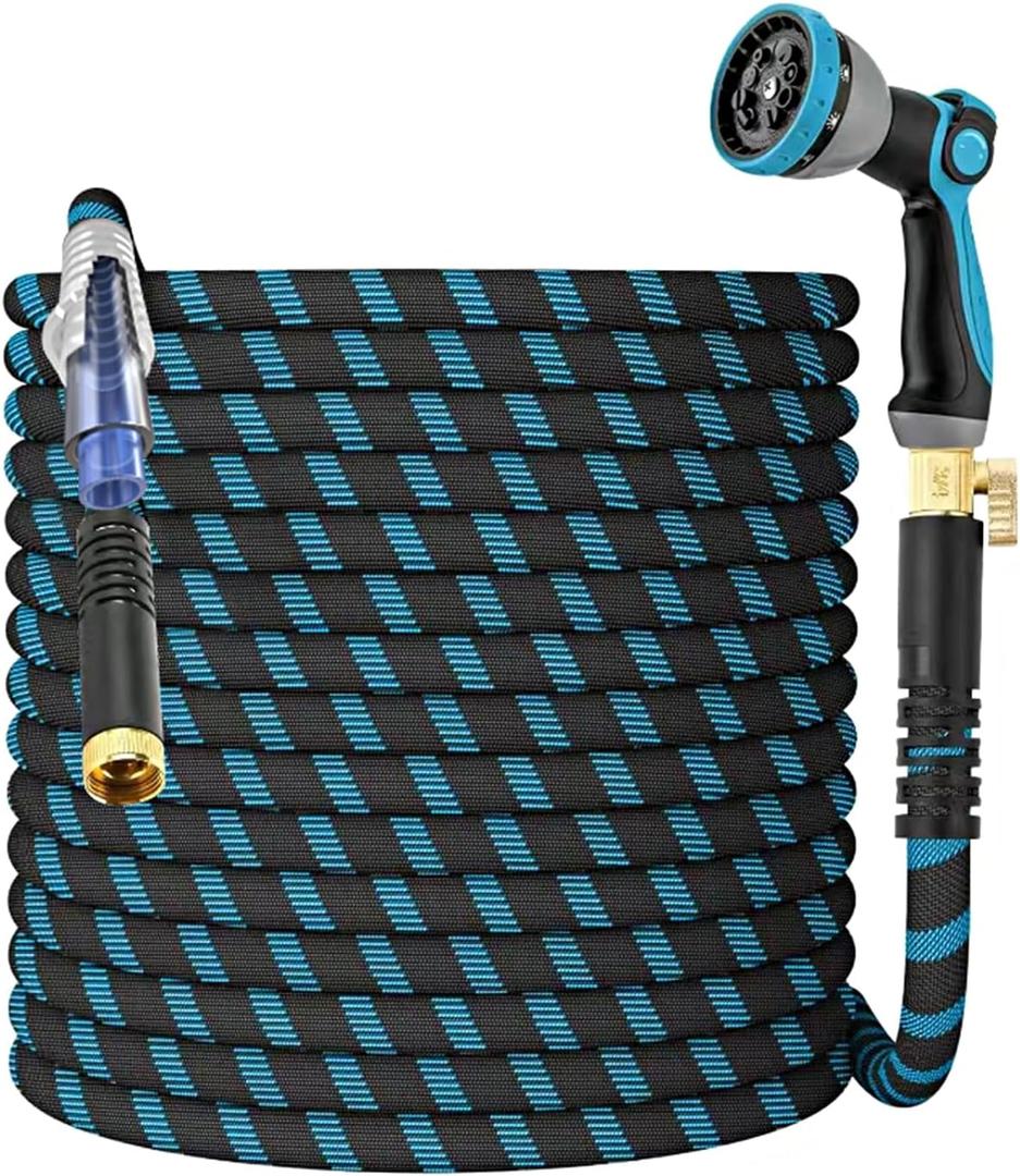 200Ft Non-Expandable Garden Hose, Flexible Water Hose with 10-Pattern Spray Nozzle, Lightweight Hose Pipe, Kink-Free, Leak-Proof, 3/4" Solid Metal Fittings