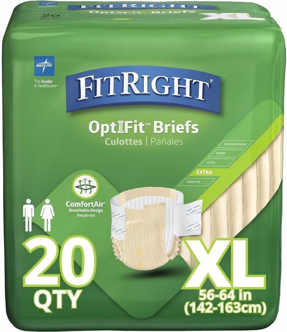 FitRight OptiFit Extra Adult Briefs with Tabs, Moderate Absorbency, X-Large, 57"-66", 4 Packs of 20 (80 total)