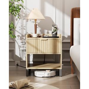 Fluted Night Stand with Charging Station, Wood Nightstand with Large Drawer and Open Storage Cabinet, Mid-Century Modern Bedside Table End Table for Bedroom Closet Office