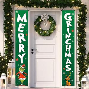 Christmas Decorations Outdoor Yard: Cute Green White Front Porch Sign Set, Funny Thief Christmas Door Banner, Merry Grinchmas Decor for Home School Office Indoor Wall Garage Yard Outside