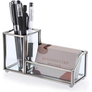 Hipiwe Glass Business Card Holder Metal Pen Pencil Storage Holder for Desk Clear Business Card Display Organizer Case for Office Home,2 Slots,Silver