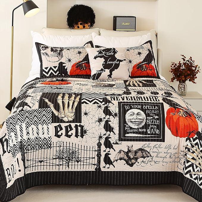 EVENHUG Halloween Quilt Set Queen Size Bedspread with Pillow Shams Festival Themed Bedding Sets Pumpkin Ghost Coverlet 4 Piece (90"x90") (Black Grey)
