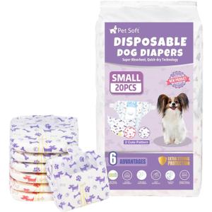 Pet Soft Female Dog Diapers - Disposable Doggie Diapers with Wetness Indicator, Puppy & Cat Diaper Super Absorbent, Fit for Female Dog in Heat or Incontinence, 20pcs (S, Mixed)