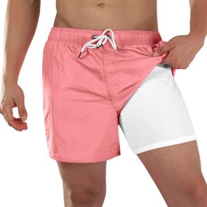 BRISIRA Mens Swim Trunks Neon 5" Bathing Suit Compression Liner Nylon Swim Shorts Beach Swimsuit Swimwear Quick Dry Pockets, 32 US M