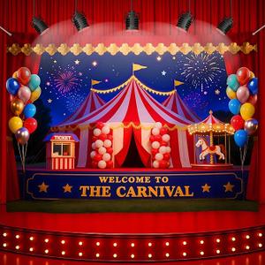 Carnival Circus Tent Party Backdrop 72 x 44 Inch, Carousel Ticket Red Curtain Fireworks Balloon Background for Party Decorations, Birthday Carnival Banner Photo Props Supplies