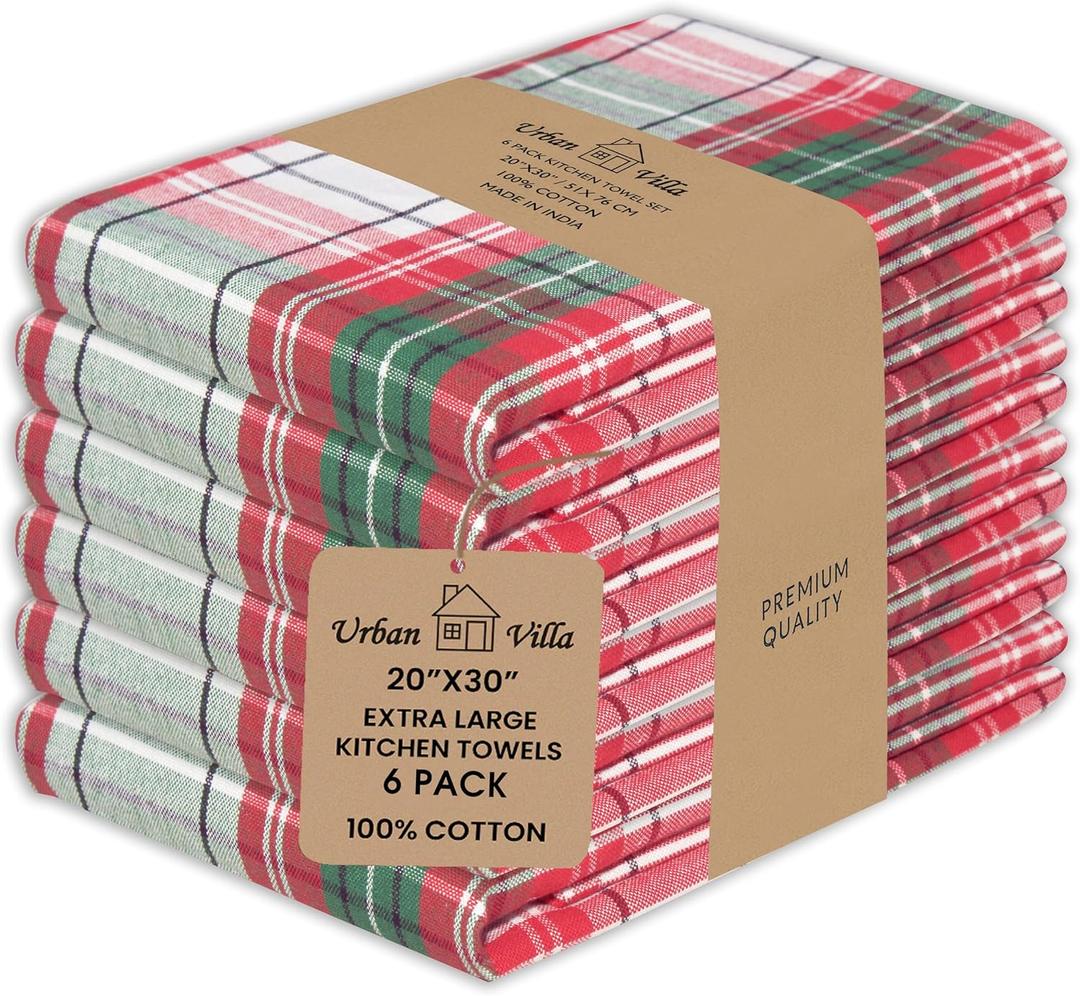 Urban Villa Christmas Kitchen Towels 100% Cotton Dish Towels for Kitchen (Set of 6) 20x30 Dish Cloths Absorbent Kitchen Linen Set with Hanging Loop Perfect for Drying Dishes Cleaning  Christ Check
