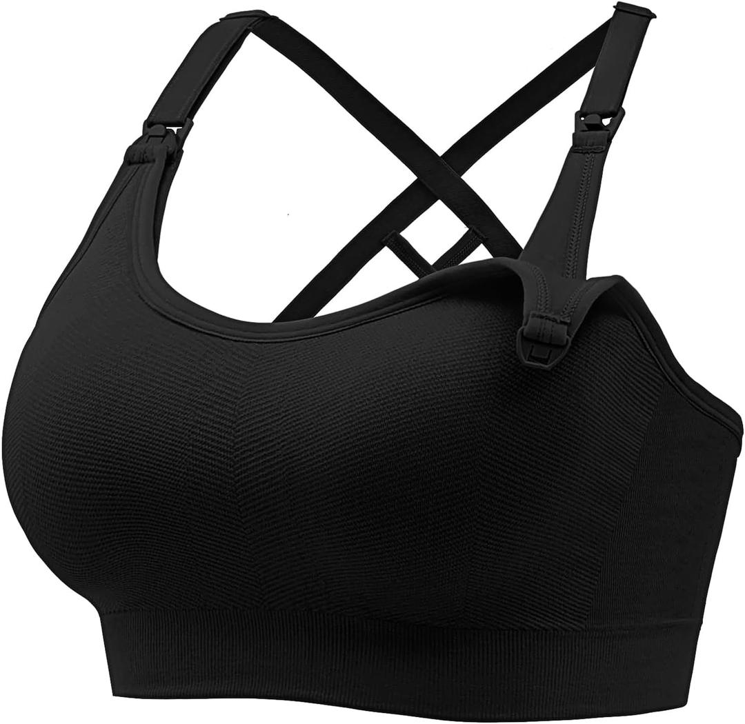 Angelhood Nursing Bras for Breastfeeding, Seamless Nursing Sports Bra Medium Impact Support Maternity Bras for Pregnancy (Black)