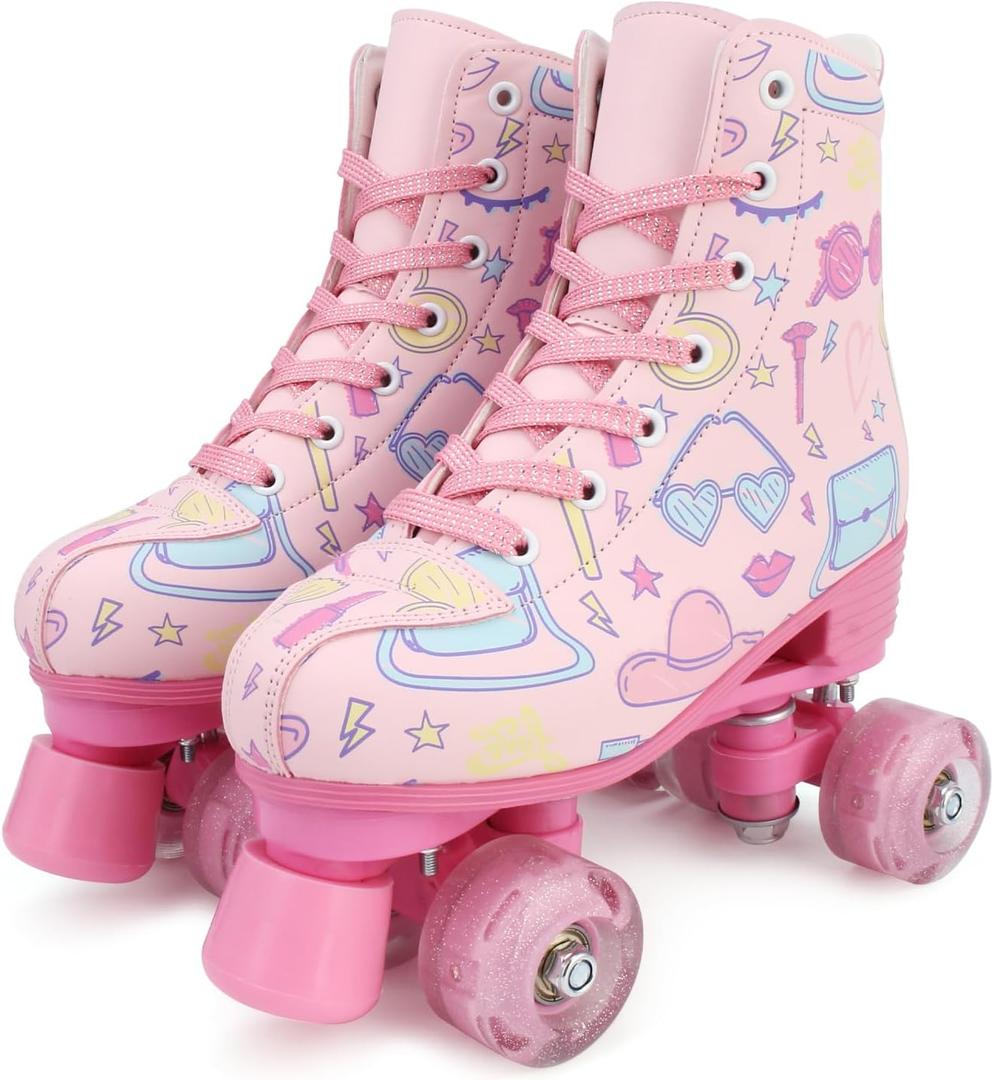YYW Roller Skates for Women and Men Funky Leopard-Print Outdoor Skates PU Leather Roller Skates (Youth 2/Women's 3.5/Men's 3, Pink with Prints)