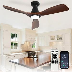 Depuley 42-Inch Ceiling Fans with Lights: Walnut 3 Blade Flush Mount Low Profile Ceiling Fan for Bedroom - Dimmable Indoor Outdoor Fan with Remote APP Control Ultra Quiet DC Motor Timer