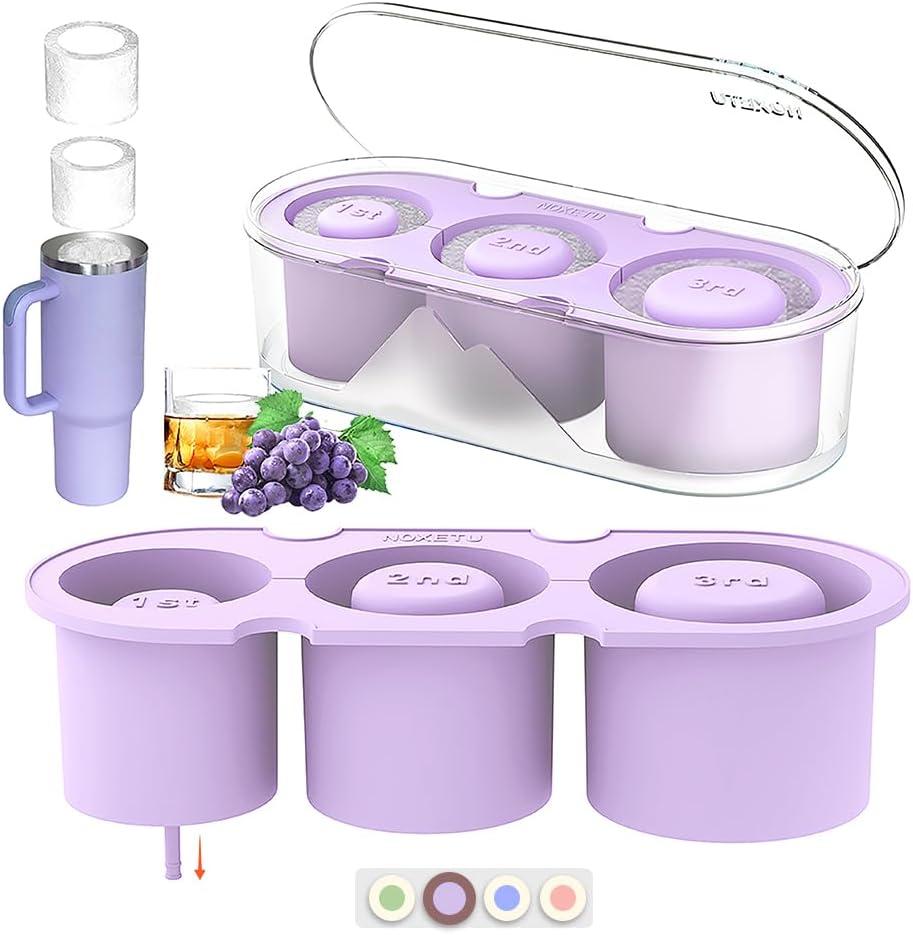Ice Mold for Stanley Cup 30/40 Oz - Easy Fill and Release Without Touching Ice, Silicone Ice Cube Tray with Clear Lid and Bin for Freezer, Whiskey, Cocktail (Purple)