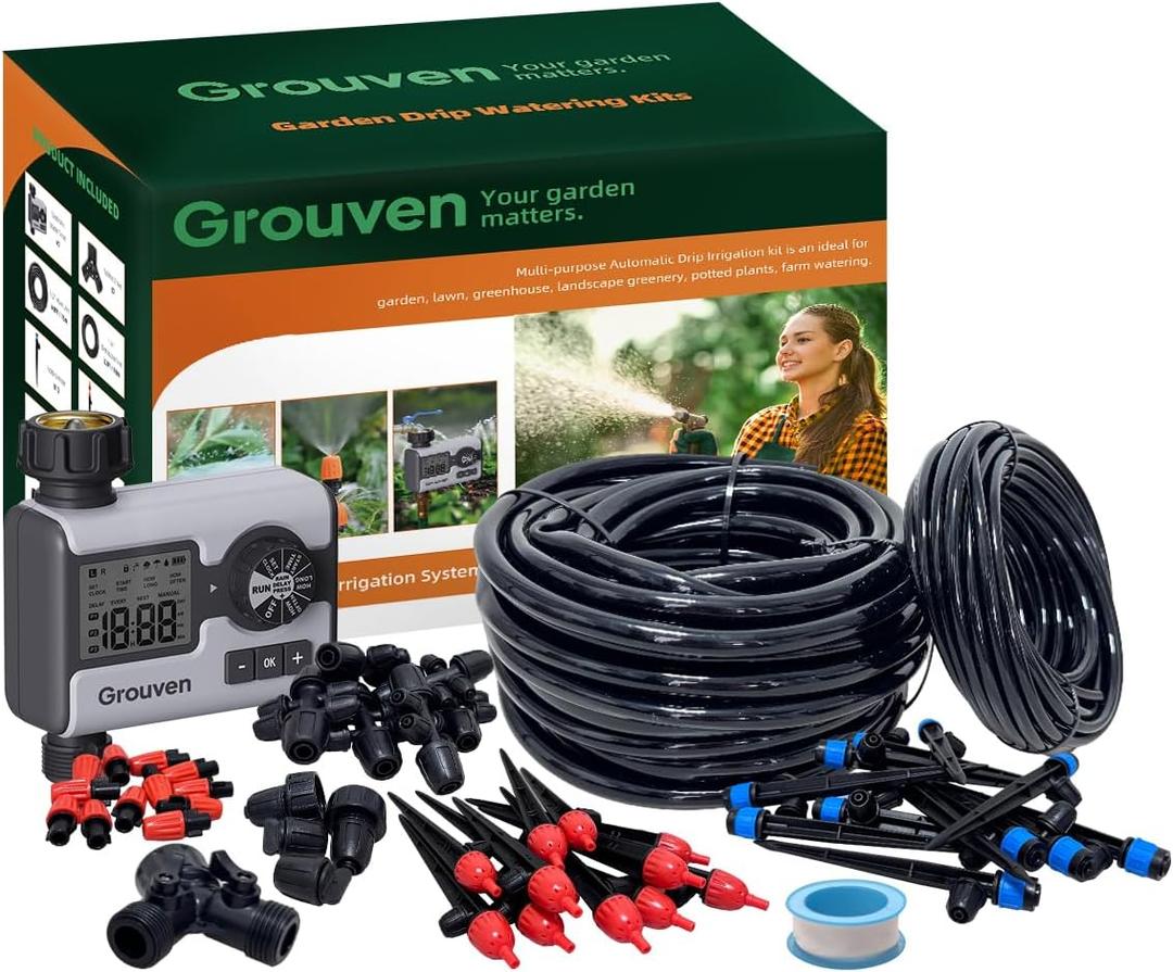 Drip Irrigation System with Water Timer Quick-Connect Automatic Irrigation Kit with 1/2 inch Hose 1/4 inch Distribution Tubing and Accessories DIY Garden Misting System for Yard, Lawn, Patio
