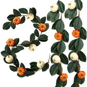 2 Pcs 6ft Thanksgiving Decor Fall Garland with Pumpkins Artificial Mixed Magnolia Leaves Farmhouse Hanging Rustic Autumn Garlands Decor for Front Door Kitchen Fireplace Home Indoor Outdoor