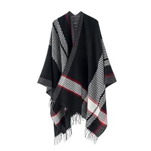 Women’s Shawl Wrap, Open Front Poncho, Cape Cardigan, Oversized Sweaters for Fall and Winter, Black White Red, One Size