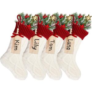 Aoriher Large Christmas Stockings with DIY Name Tags, 18 Inch Knitted Stockings Xmas Stocking Decorations with Christmas Stocking Tags for Family Decor (Style B,White/Red)