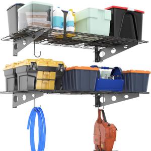 Ultrawall Garage Wall Shelves, 2 x 4 ft Wall Mounted Storage Shelves, Heavy Duty Wall Shelving with Hooks, Holds Up to 220 Lbs, 2Pack, Black