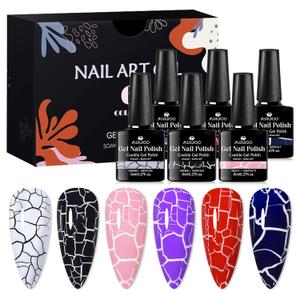 6PCS Crackle Gel Nail Polish Set Crackle Nail Polish Gel Black Purple White Pink Magic Gel Polish Kit, Amazing Cool Crackle Effect Patterned Nail DIY Art Women Gift 8ml