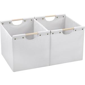 HOONEX Large Collapsible Storage Bins, Linen Fabric, Pack of 2, Storage Baskets with Wooden Carry Handles and Sturdy Heavy Cardboard, for Home, Office, Car, Nursery, White