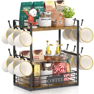 EsLuker.ly Coffee Bar Station Organizer Mug Cup Holder Stand for Countertop, Multi-Functional 2 Tier Mug Tree Rack for Kitchen, Storage Shelf with 12 Hooks, Vintage Brown-Black(Patented Design)