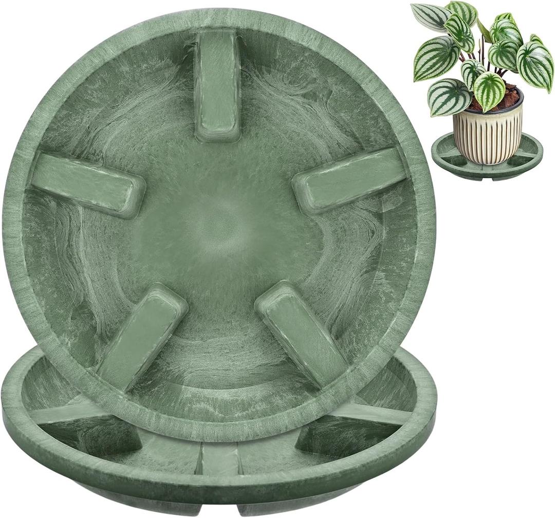 M METERXITY 2-Pack Plant Saucers, 8 Inch OD Anti-Rot Root Resin Flower Pot Plant Saucers for Indoor/Outdoor, Flowerpot Drip Tray [6.3 Inch ID, Green]