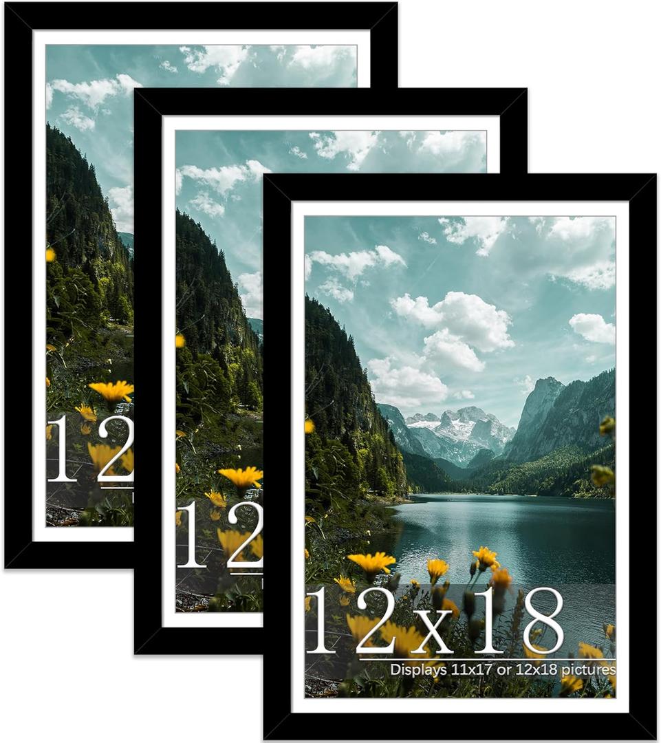 Picrit 12x18 Picture Frame 3 Pack, Black Poster Frame, Display Poster 11 x 17 with Mat or 12 x 18 Without Mat for Horizontal or Vertical Wall Mounting (12x18, Black)
