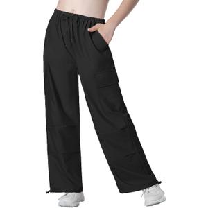 Mebius Girls Parachute Pants Baggy Cargo Hiking Joggers Hip Hop Dance with Pockets Trousers for Kids 8-14Y, Black