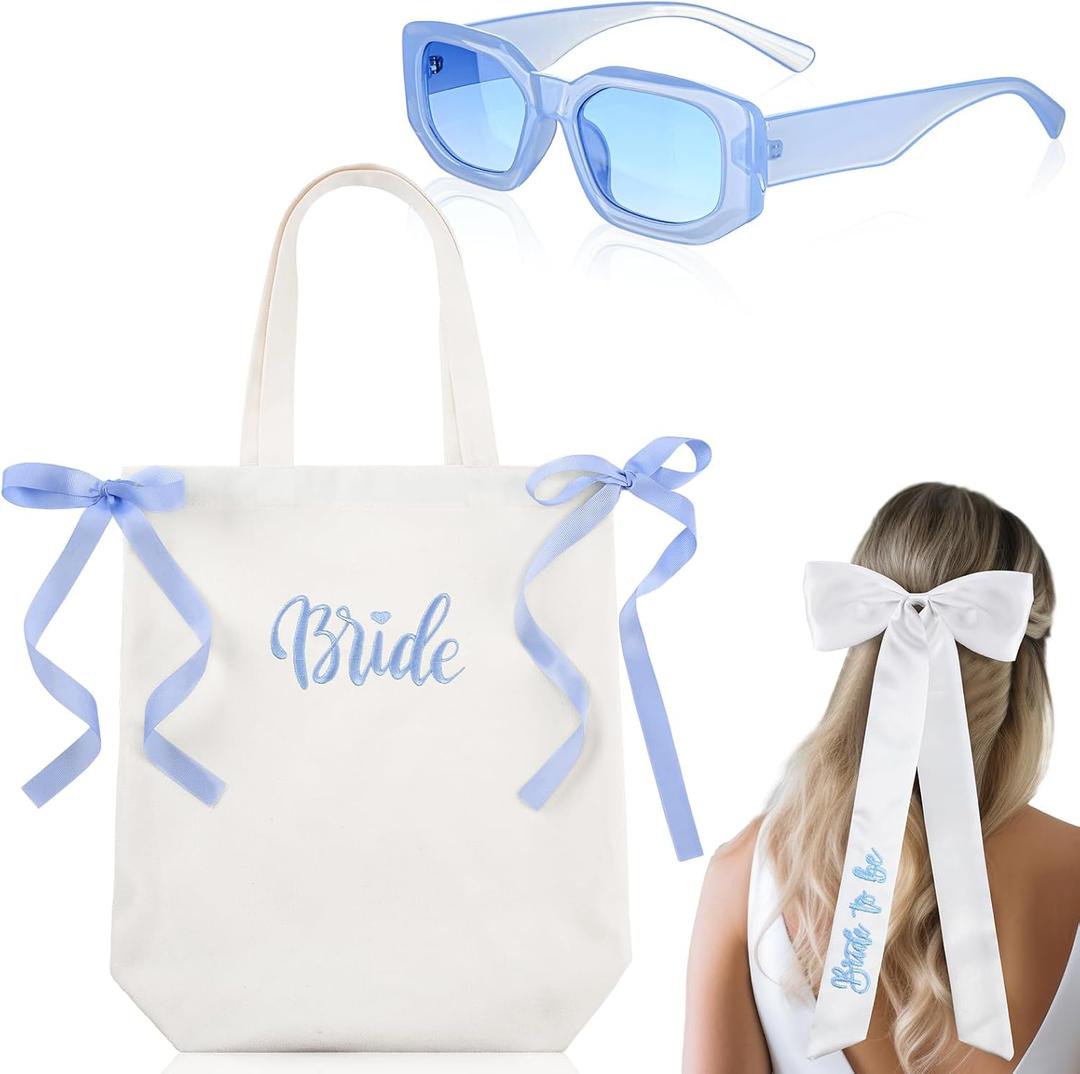 3 Pcs Blue Bride Gift Set White Canvas Tote Bag with Bow Bride to Be Hair Bow Something Blue Bridal Shower Favor Accessories for Wedding Bridesmaid Bachelorette Party Supply