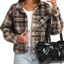 Darong Women's Cropped Fuzzy Fleece Jacket Shacket Button Down Plaid Leopard Jackets Warm Winter Soft Cozy Coat, M