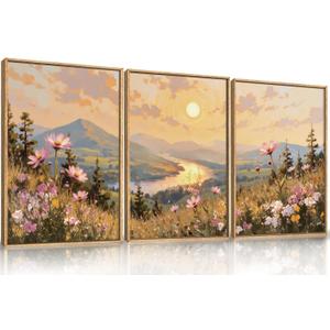 LHIUEM Large Boho Sunset Wildflower Framed Canvas Wall Art,Nature Pink Flower Wall Decor,Blossom Botanical Mountain Landscape Artwork for Living Room,Bedroom,Dining Room,Office -16"x24"x3