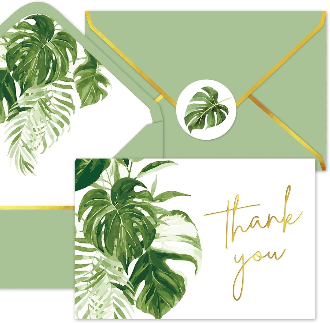 Whaline 50 Packs Summer Gold Foil Thank You Cards Tropical Greenery Leaves Greeting Cards Monstera Blank Note Card Boxed with Envelopes and Stickers for Birthday Holiday Baby Shower, 4 x 6 Inch