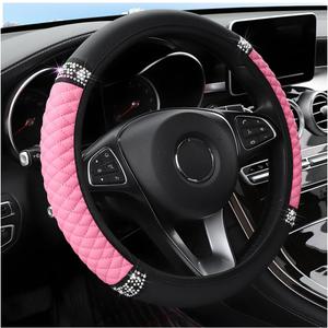 Bling Car Steering Wheel Cover, 15 Inch Rhinestones Soft Leather Elastic Steering Wheel Protector, Sparkly Crystal Diamond for Women Girls, Car Interior Accessories for Most Cars (Pink)