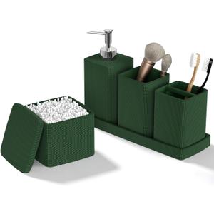 Dark Green Bathroom Accessories Set 5 Pieces, Resin Toothbrush Holders Set Complete with Soap Dispenser, Toothbrush Holder, Vanity Tray, Bathroom Tumbler and Qtip Holder for Small Spaces