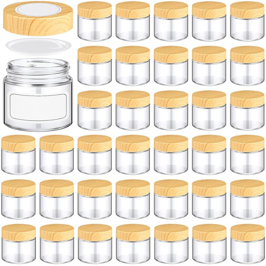 Layhit 36 Pcs 2oz Glass Jars with Lids Clear Small Jars with Plastic Woodgrain Lids, White Labels and Inner Liners Empty Round Cosmetic Containers for Creams Lotions Candle Making (2oz/ 60ml)