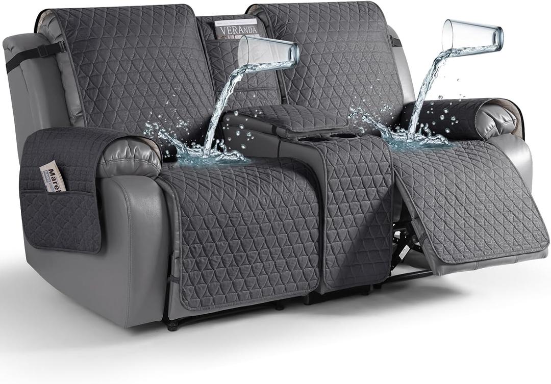 TAOCOCO 100% Waterproof Loveseat Recliner Couch Covers with Console,Double Reclining Couch Cover Non-Slip Sofa Slipcovers Washable,Furniture Protector Covers for Dog,Pets(2 Seater,Black Gray)