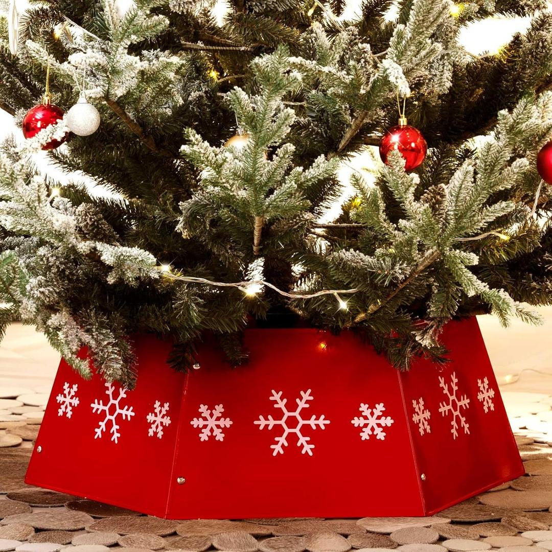 Metal Christmas Tree Collar with 3D Snowflake Authentic, Hexagon Heavy-Duty Iron Tree Base Cover for Pencil Tree, Tree Ring, Tree Skirt for Xmas Decoration (Red with White Flakes)