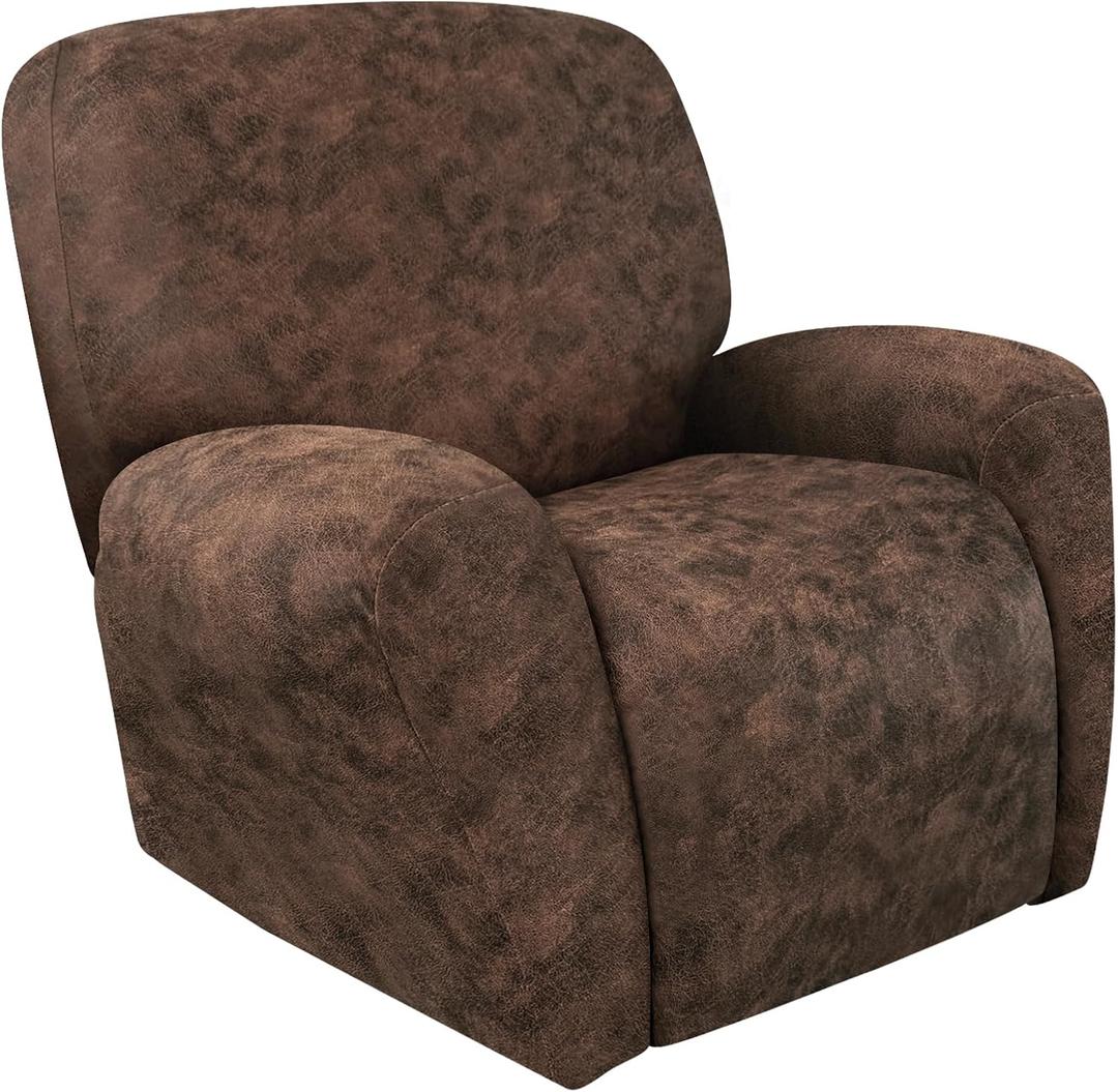 Leather Look Recliner Chair Covers Stay in Place 4-Piece Lazy Boy Recliner Slipcovers for Reclining Chair Furniture Protector Spandex Fabric Washable (Large, Dark Brown)