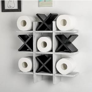 Weysat Tic Tac Toe Toilet Paper Holder Stand Bathroom Wall Decor Rustic Wooden Hanging Storage Freestanding Wall Mounted Shelves Decor for Toilet Tissue Farmhouse (Retro White, Black)