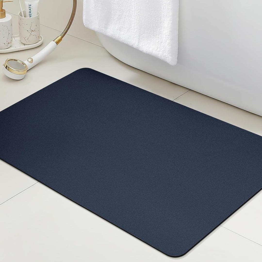 ACCUMTEK Ultra Thin Bath Mat, Upgrade Backing Non Slip Thin Bath Mats Fit Under Door, Quick Dry Ultra Absorbent Bathroom Rugs, Machine Washable Bath Rugs for Bathroom, Bathtub, Navy Blue/Solid/36 x24