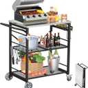 Ciokea Folding Outdoor Grill Cart with Wheels, 3-Shelf Grill Table with 27x18 in Stainless Steel Top, Rolling Pizza Oven Stand, Metal Portable Cart for BBQ Patio Camping (Black)