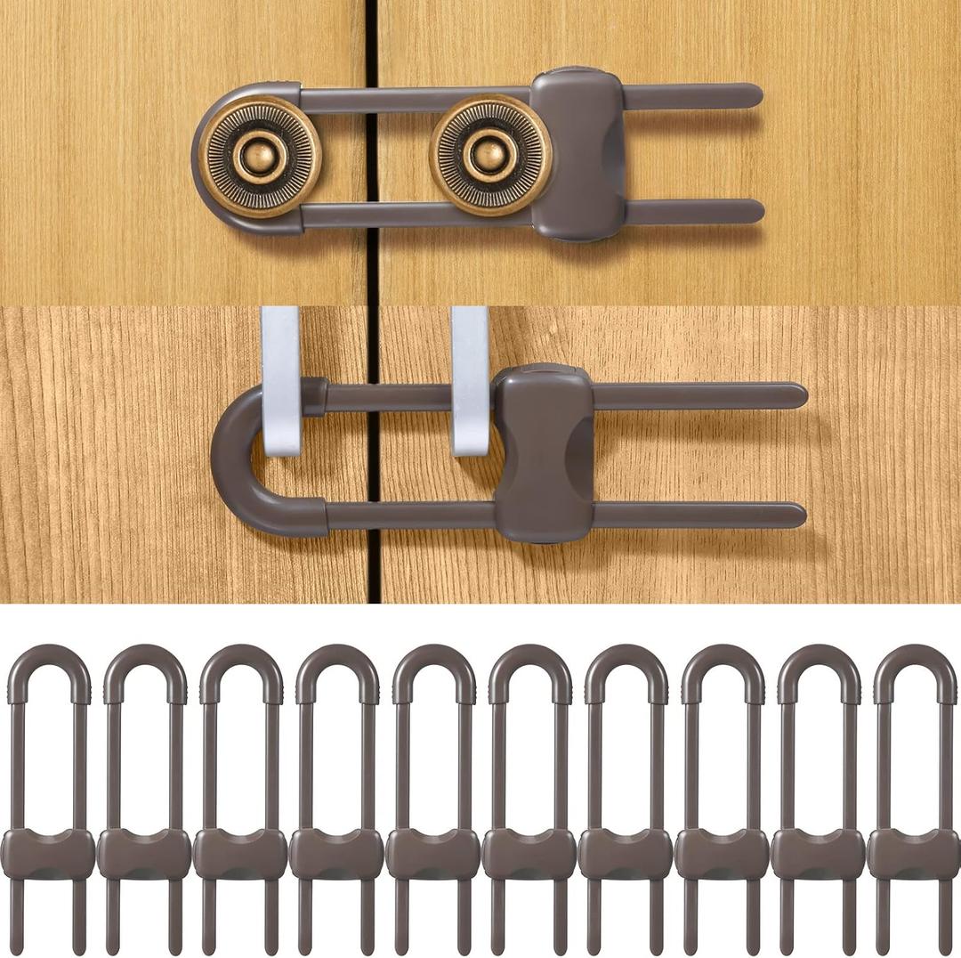 Jetec 10 Pieces Cabinet Locks for Babies, U-Shaped Proofing Drawers Safety Child Locks Adjustable, Easy to Use Childproof Latch for Knob Handle on Kitchen Door Storage Cupboard Closet (Brown)