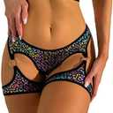 OYOANGLE Women's Leopard High Waist Garter Panty Cut Out Boyshorts Bottom Underwear S