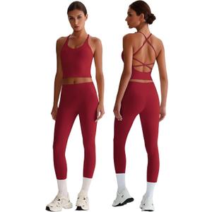 ABOCIW Workout Sets for Women 2 Piece Backless Strappy Padded Tank Tops High Waist Leggings Gym Sets Active Wear Yoga Pilates Outfits Cherry Red Medium