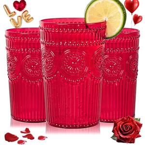 Ciaell 12 Pack Romantic Plastic Water Glasses - 14 Oz Red Vintage Drinking Glasses, Embossed Ribbed Plastic Cups, Textured Striped Set for Juice, Beverages, Beer, Cocktail & Valentine's Day