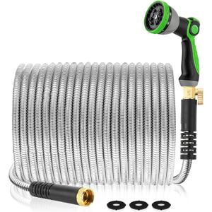Metal Garden Hose 200Ft Stainless Steel Water Hose Heavy Duty with 10 Way Nozzle-Flexible Lightweight Durable No Kink & TangleStrong 3/4 Solid Metal Fitting Shut-Off Valve for Outdoor Yard (Silver)