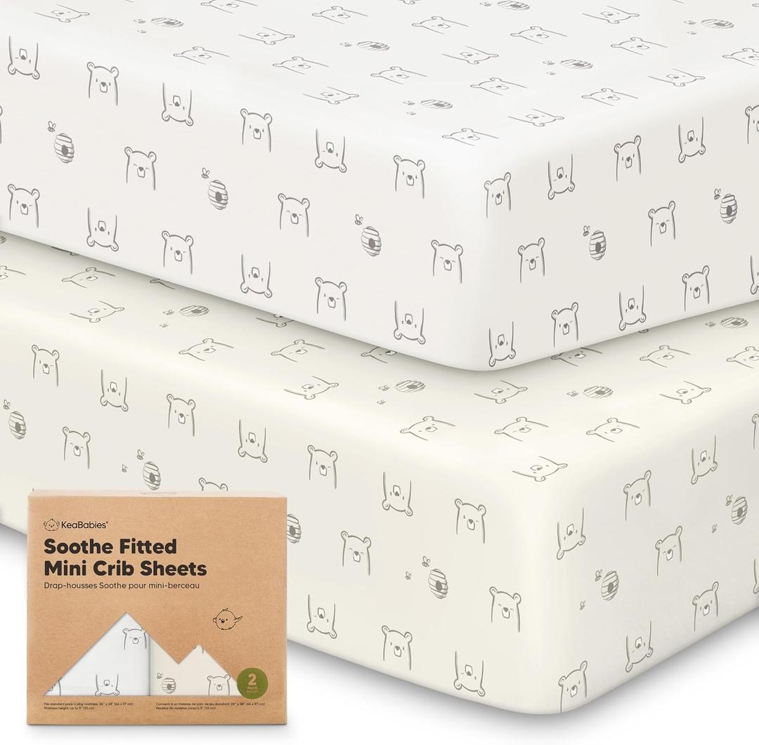 2-Pack Mini Crib Sheets Fitted - 38x26 Pack N Play Sheets for Pack and Play Mattress, Organic Cotton, Soft & Breathable Playard Bedding, Neutral Mini Toddler Bed Cover for Boys, Girls (Bumble Bear)