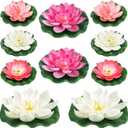 QUOZUO 10PCS 3 Sizes Artificial Foam Lotus Floating Flowers with Water Lily Pad Ornaments for Home Garden Pond Decor Pools Water Decorations, Pink and White