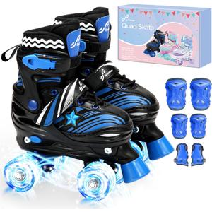 Sportneer Kids Roller Skates: 4 Size Adjustable Quad Skates with Light Up Wheels for 5-8, 8-12 Girls Boys Kids Toddlers Beginners, Birthday Gift with Protective Gear Set for Outdoor Indoor, S (30-33)