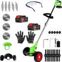 Electric Weed Wacker Cordless Eater 2 Battery, Foldable and Lightweight Grass Trimmer/Brush Cutter,5 Types Blade&Wheels 21V 4.0Ah Battery (2 Pieces) Powered for Garden and Yard (Non-Foldable)