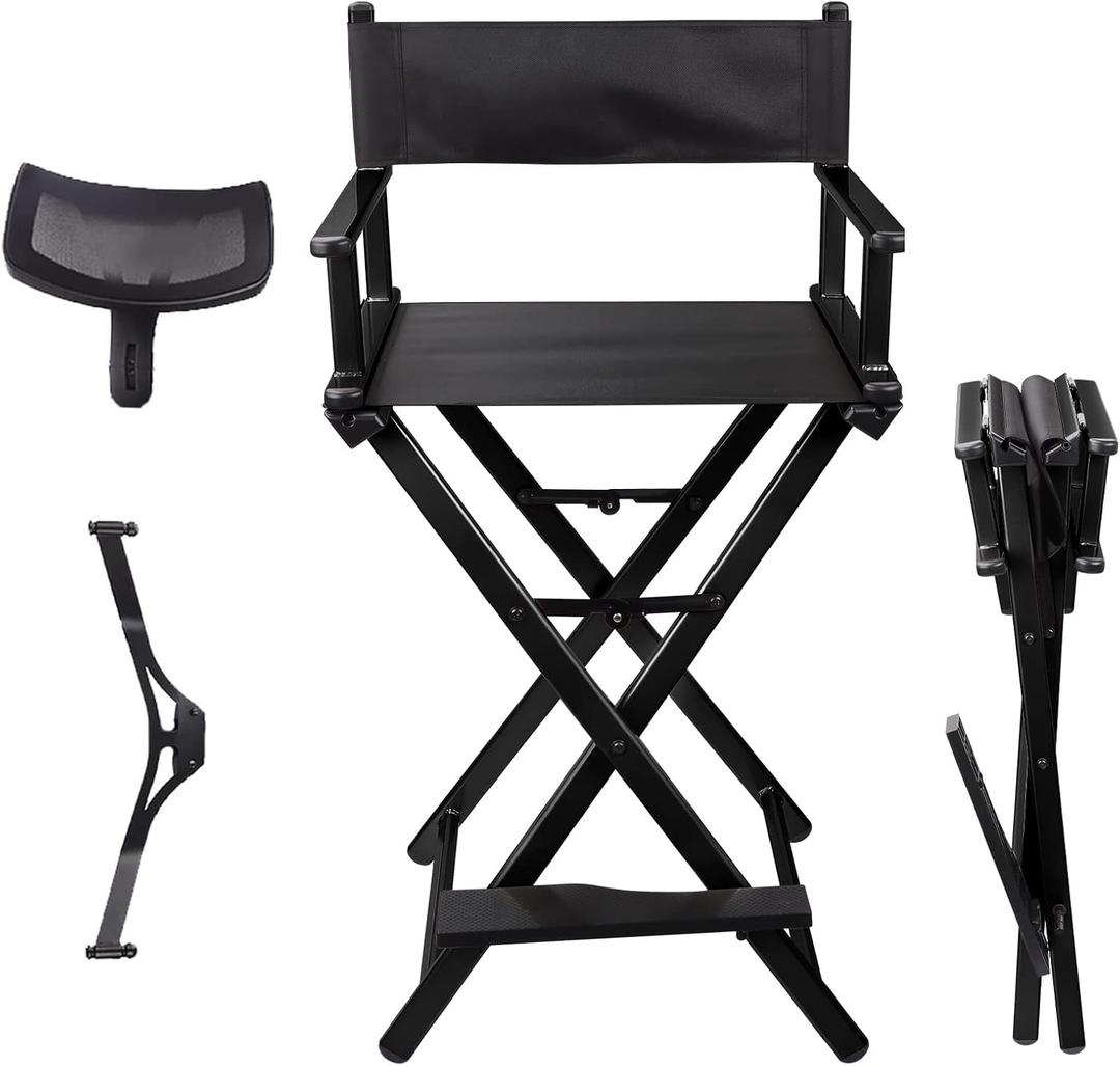 Lorvain Folable Makeup Artist Stool, Portable Tall Folding Director's Chair, Aluminum Makeup Chair with Head Rest for Studio Salon Vanity, Bar Height - Black, 20.48d X 8.66w X 37.6h in