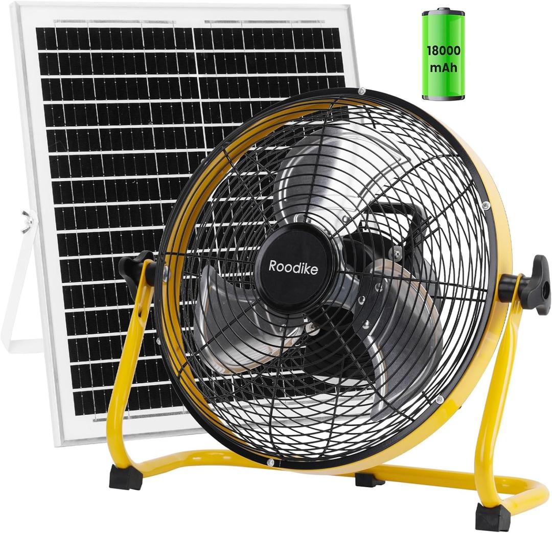 12" Solar Rechargeable Floor Fan, 18000 mAh 20W Solar Powered Battery Operated Fans for Outdoor Garden Greenhouse Barn Stable Camping Garage Patio Air Circulation Cooling